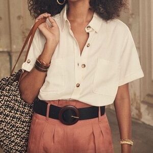 Sezane Saia Button Down Shirt in Ecru